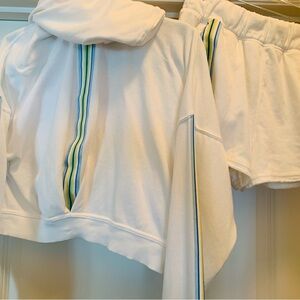 White Hoodie and shorts with Blue and Green Stripes
